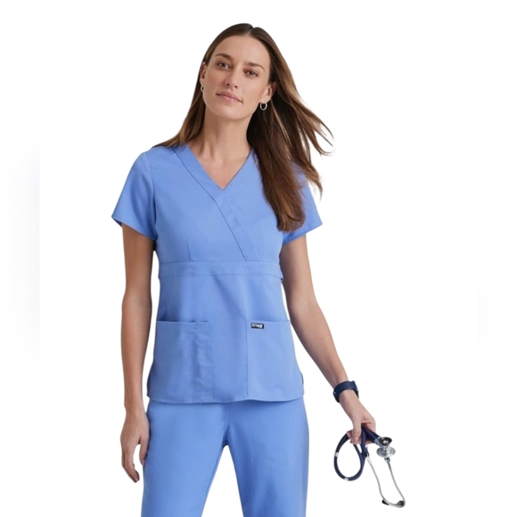 Grey's Anatomy Tops - Grey's Anatomy by Barco Riley Scrub Top Faux Wrap V-neck Blue Ciel size XL